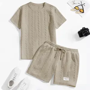 Men's Solid Color Textured Jacquard Drawstring Shorts Set, Casual Summer 2 Piece Outfit with Short Sleeve T Shirt and Shorts