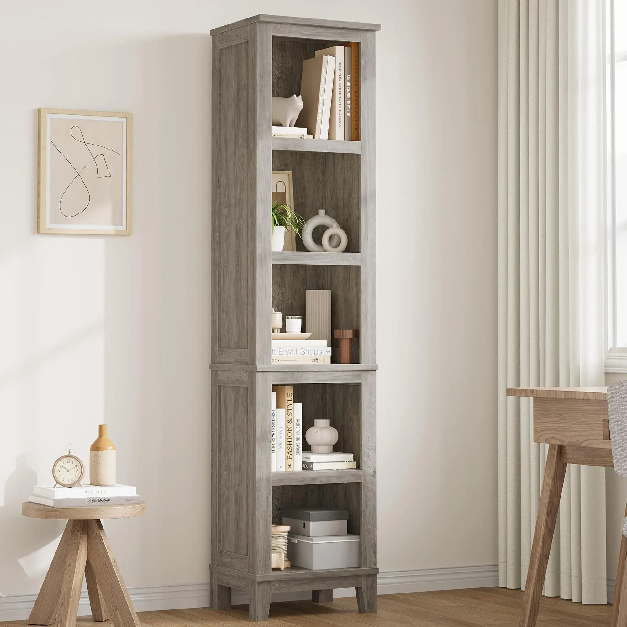 GARVEE 71" Tall Bookcase w/Adjustable Shelves & 31.5" Width, 5 Tier Farmhouse Bookshelf with Wooden Legs, Rustic Vintage Book Shelf for Living Room Office Library (Brown, Narrow)