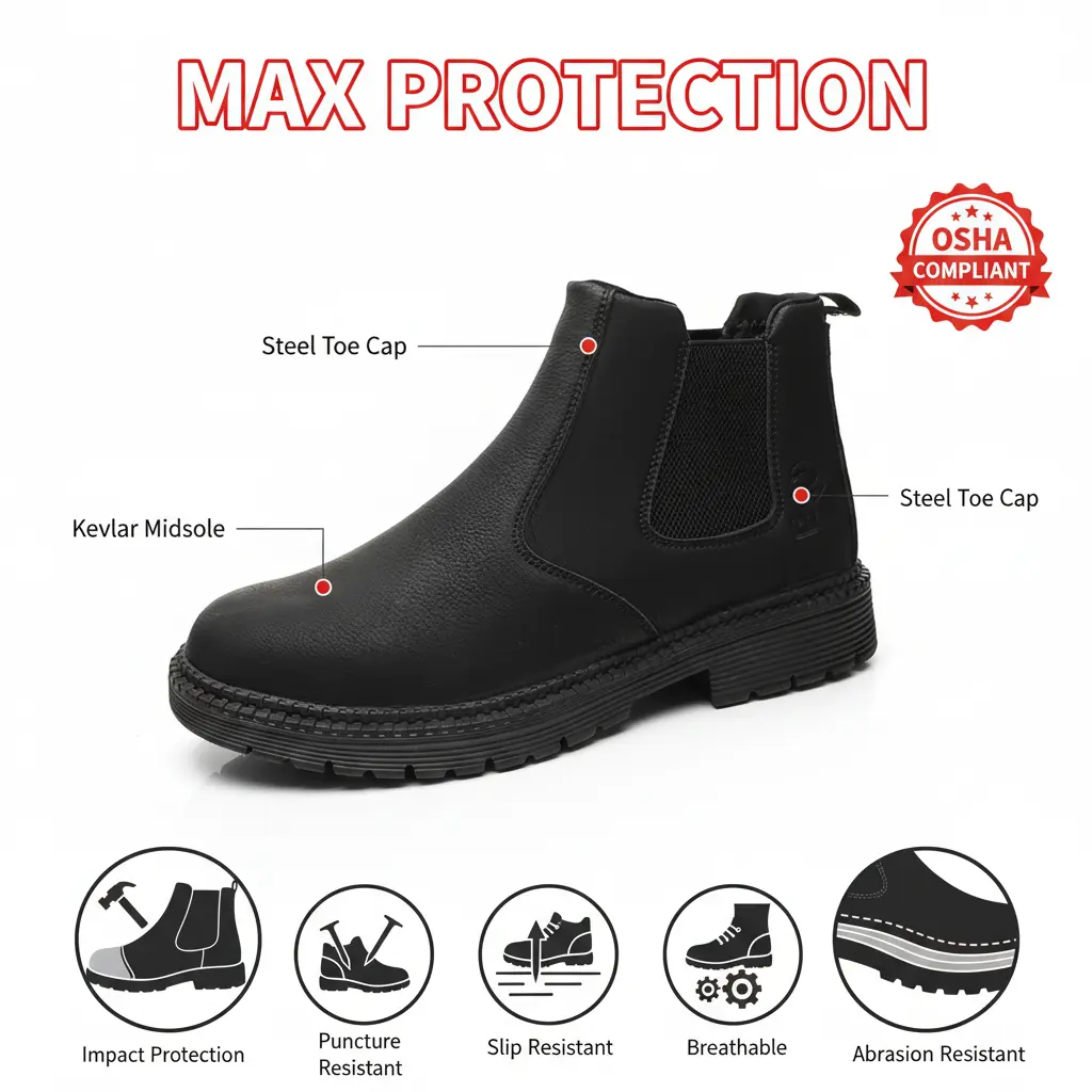 Protective Splash-proof Smash-proof Puncture-proof Breathable Safety Shoes Unisex Chef Work Shoe Waterproof Anti-slip Durable Outdoor Comfortable for Warehouse Logistics and Factory Operation Featuring Kevlar Midsole Defense Men Women