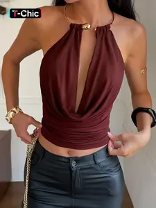 Women Satin Halter Top Deep V Neck Sexy Cowl Neck Crop Top Backless Sleeveless Going Out Top Slim Fit Bodycon Party Clubwear Top Elegant Draped Blouse Night Out Y2K Fashion Summer Top Evening Halter Camisole Top Halter Tank Tops Womenswear