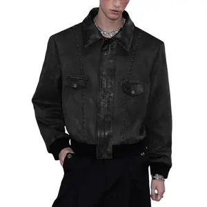 INCERUN Men's Retro Vintage Textured Faux Suede Rivet Bomber Jacket, Longsleeves Casual Ribbed Menswear - Classic Turn-down Collar Punk Coat for Going Out Tops, Outfits with Vibe Appeal