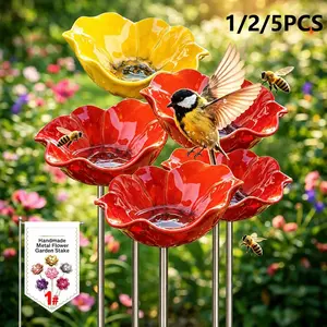 Metal Flower Garden Stakes Bird Bath Handmade, Bee Watering Station, Bees Bath for Garden Metal Bee Water Feeder with Flower Design, Colorful Butterfly Bees Bath Bowl for Outdoor Yard Decor