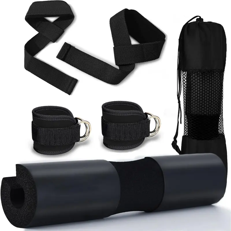 Squat Pad with Ankle Straps & Wrist Straps Set, Gym Accessories, Workout Equipment, Training Equipment, 1 Set Foam Barbell Pad for Squats, Lunges & Bar Padding for Hip Thrusts, Exercise Machine Accessories