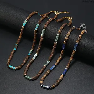 Bohemian Coconut Shell Beaded Choker Necklace, Natural Stone Surfer Beach Necklace, Adjustable Vintage Boho Jewelry Gift For Men Women summervibes