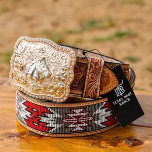 2 Inch Hand-Tooled Artesanal Beaded Leather Belt 2 Inch Hand-Tooled Artesanal Beaded Leather Belt