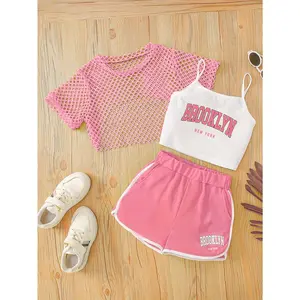 Girls 3pcs Brooklyn Letter Cami Top + Mesh Coverup + Shorts Set - Stylish Summer Outdoor Outfit with Pink & White Brooklyn Print, Knit Fabric, Stretchy Polyester Blend for Youngsters, Perfect for Spring & Summer, for Outdoor
