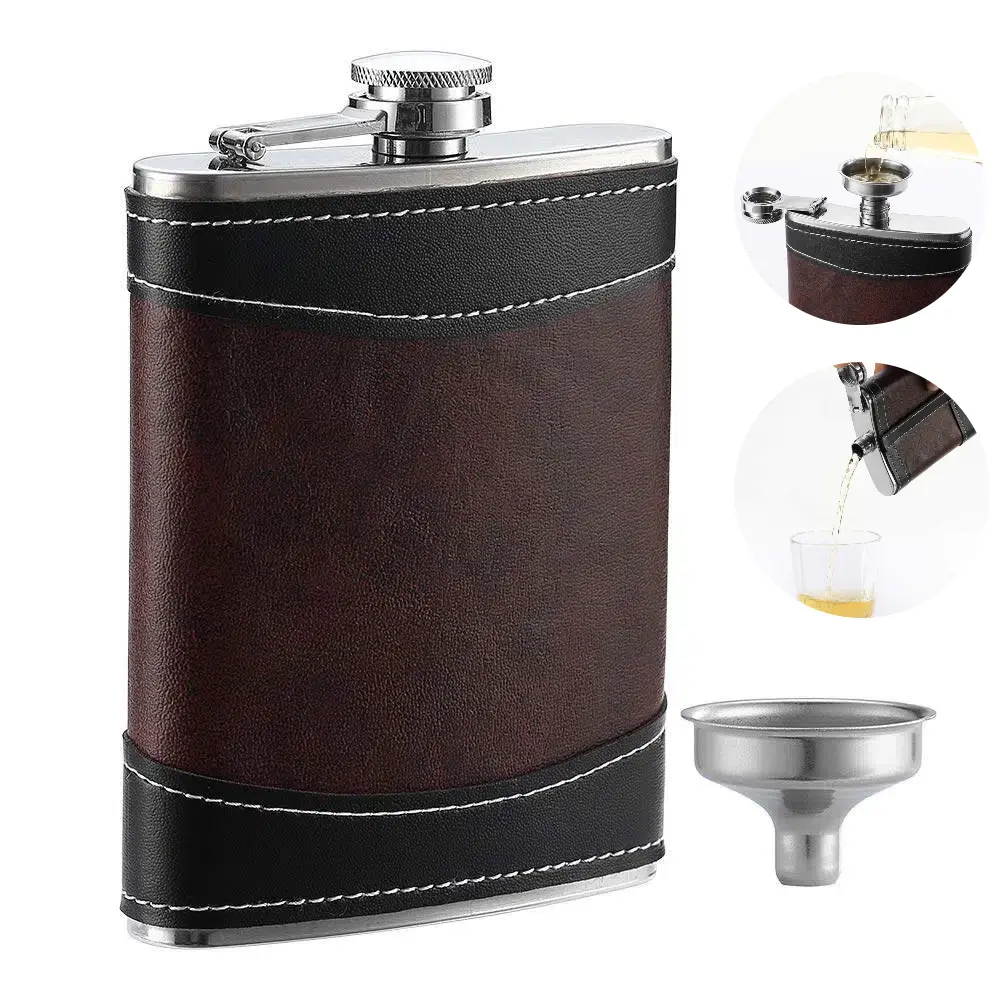 Premium 8 Oz Hip Flask for Liquor Soft Touch Leather Wrap with Funnel,18/8 Stainless Steel Highest Food Grade Leak Proof Classic Flask