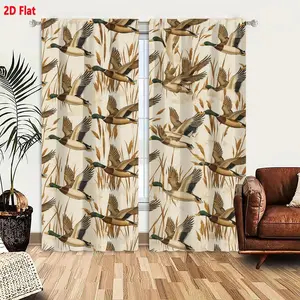 2D Flat 2-Pack Mallard Ducks in Flight with Reeds Pattern Beige & Earth Tones Vintage Style Window Curtains for Living Room Bedroom, Natural Rustic Wetland Wildlife Decor, Light Filtering Thermal Insulated Curtain Panels