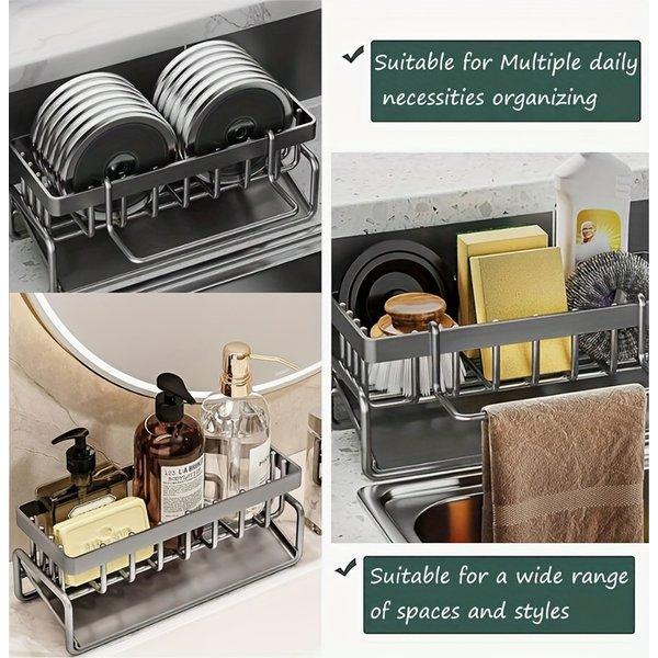 Kitchen Sink Organizer Tray with Sponge Holder Dish Soap Brush Rack Multi Purpose Countertop Storage Space Saving for Kitchen Bathroom Durable Design Kitchen Sink Organizer Tray with Sponge Holder Dish Soap Brush Rack Multi Purpose Countertop Storage Space Saving for Kitchen Bathroom Durable Design
