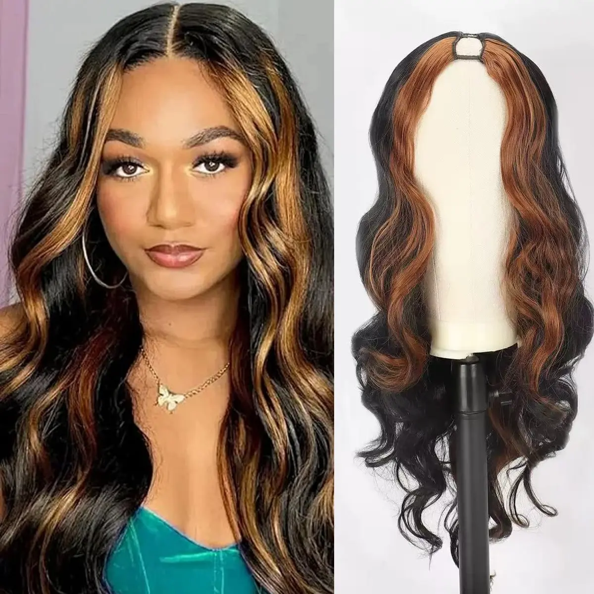 Long V Part Body Wavy Wig With Black With Highlight Brown Upgrade U Part Synthetic Water Wavy Wigs for Black Women Full Head Clip In Hair Glueless Synthetic Wigs