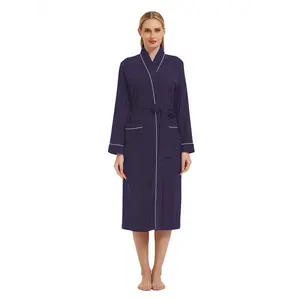 100% Cotton Robes for Women Long Sleeve Lightweight Soft Knit Womens Bathrobe Machine washable bathrobe Pocket Belted robe Womenswear Gowns
