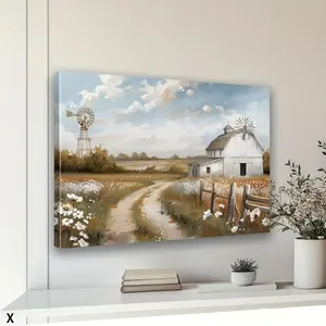 Framed Rustic Windmill Wall Decor, Farmhouse Barn Art, Rustic Countryside Landscape, Canvas Print Abstract Meadow Flowers Modern Art, for Living Room, Bedroom, Kitchen