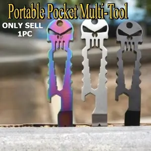 1pc Stainless Steel Tactical EDC Pocket Multi-Tool Titanium Skull Keychain Stick Screwdriver Pry Bar Outdoor Multifunctional Tools