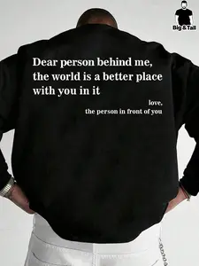 【Plus Size】 Men's Letter Print Edgy Design Drop Shoulder Thermal Lined Sweatshirt Tops, Regular Fit Casual Soft Comfy Long Sleeve Round Neck Pullover for Fall & Winter, Men's Clothes for Daily Wear