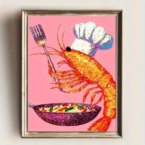 Whimsical Shrimp Chef Canvas Art – Unframed Vibrant Print of Orange Shrimp in Chef Hat with Fork, Colorful Kitchen Scene for Bedroom, Office, Living Room, or Dorm Décor, and a Playful Christmas or New Year Gift.