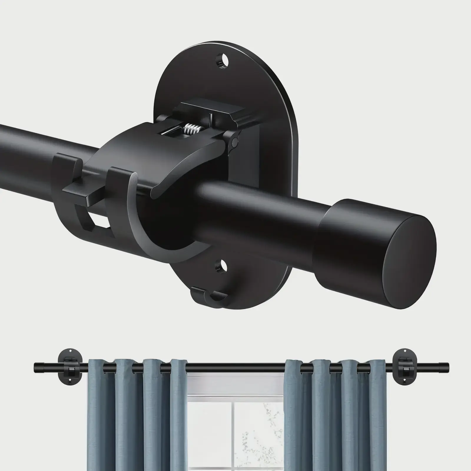 2pcs No-Drill Curtain Rod Holders, Self-Adhesive Black Plastic Brackets for Window Curtain Home Installation