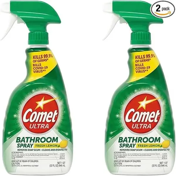 Comet Unscented Household Bathroom Cleaner Spray, 32 oz 2-Pack, Kills 99.9% of Germs, Dissolves Soap Scum & Hard Water Film, Effective Cleaning Solution