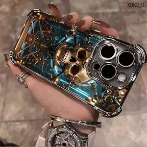 Male Personality Skull Pattern Gold Machinery Suitable for iPhone 16/15/14/13/12/11 Pro Max Plus electroplated anti drop soft case phone case 017 Screen Protector Protection Cover Smartphone Cellphone Casing Protective Shockproof