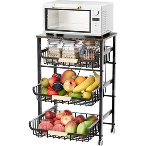 Fruit Basket for Kitchen, 4-Tier Slide Out Metal Storage Baskets Carts Organizers Drawers with  Top and Handle with Rolling Wheels for Snacks Vegetables Fruteros Para Cocina -(Black, 4 Layer)