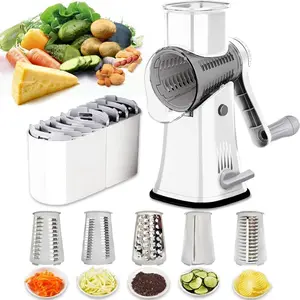 Rotary Cheese Grater Shredder 5-in-1 Tumbling Box Mandoline Vegetable Julienne Slicer Waffle  Nut  with Handle and  Suction Base