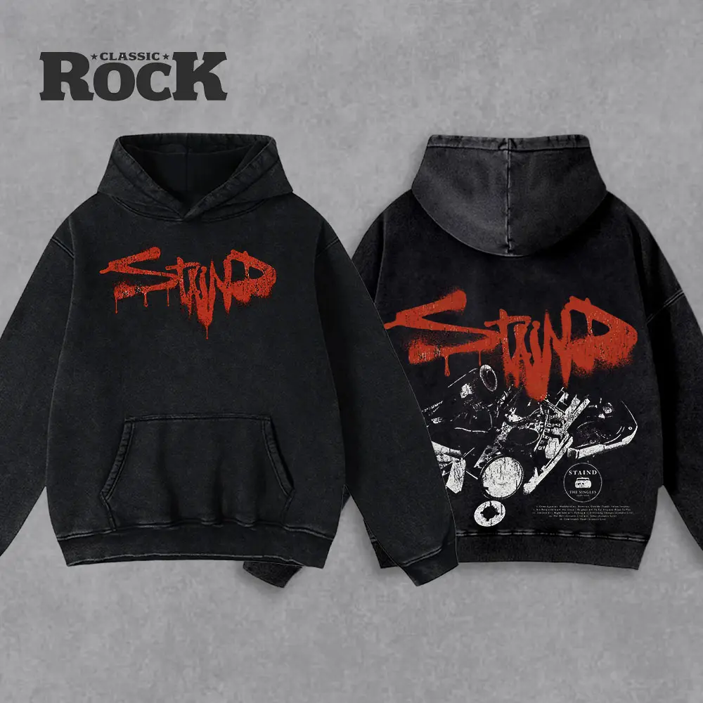 Men's Cotton Blend Pullover Hoodie Sweatshirt - Menswear, Black Casual Washed Alternative Rock Style, Front-Back Graphic Print, Pocket, Seamless Fit, Drawstring, Gift for Classic Rock Fans, Sweatshirts, Hoodie/Jumper, Machine Washable, Oeko-Tex Certified,