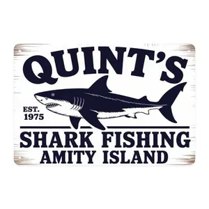 Quints Shark Fishing Amity Island Tin Sign, Vintage Jaws Great White Shark Metal Sign Print Aesthetic Room Decoration for Home Bedroom Kitchen Bar Coffee Bathroom Indoor Outdoor Wall Decor, 8 X 12 IN