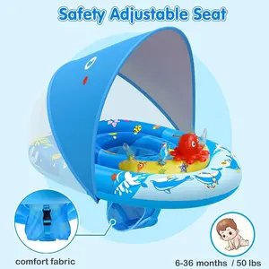 Baby Pool Float with Canopy UPF50+ Sun Protection, Inflatable Kids Pool Floats with Ocean Animal Toys for Baby 6-36 Months, Infant Swimming Float with Adjustable Safety Seat for Boys Girls