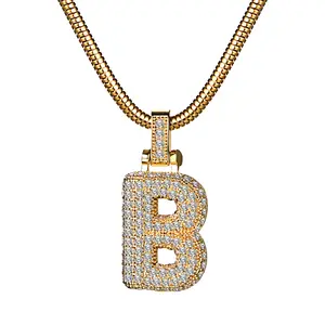 Letter B Pendant Necklace: Stainless Steel Cubic Zirconia Bubble Gold Plated Initial Pendants Jewelry Gift for Men Women