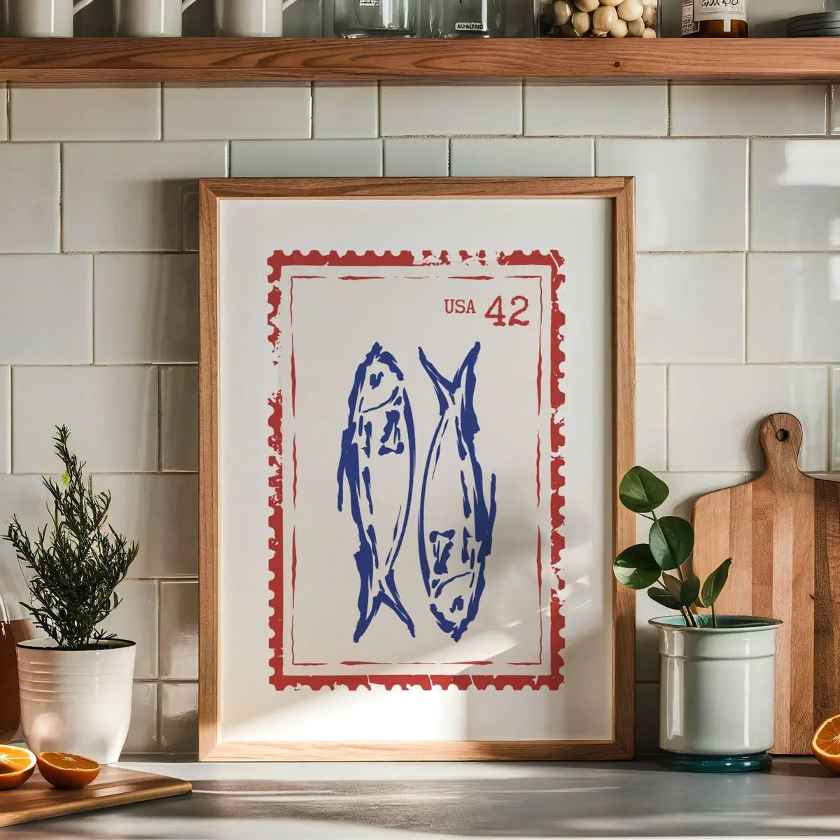 Fisherman Aesthetic Wall Art, Retro Sardines Print, Vintage Stamp Fish Poster, Trendy Seafood Kitchen Decor Artwork – 5 Size, 8x12 to 27x40 inch, Room Decor, Unframed