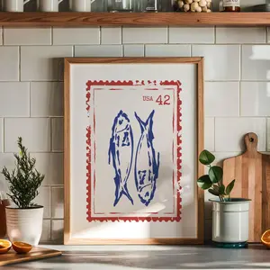 Fisherman Aesthetic Wall Art, Retro Sardines Print, Vintage Stamp Fish Poster, Trendy Seafood Kitchen Decor Artwork – 5 Size, 8x12 to 27x40 inch, Room Decor, Unframed