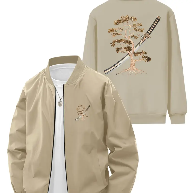 Japanese Style Men's Casual Long Sleeve Bomber Jacket with Pine Tree and Samurai Sword Print on Back and Small Print on Front Casual Jackets Casual Outerwear Coats