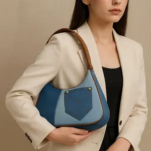 "Bleu" Colorblock Denim Shoulder Bag with Pocket – Crescent Hobo Style, Adjustable Strap, Brown PU Trim, Small Jean Patch Purse for Women, Trendy Vintage Y2K Aesthetic, Soft Lightweight Casual Everyday Bag