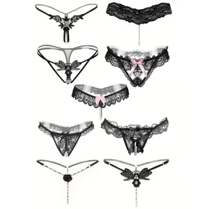[9pcs Sexy Thongs] 9pcs Women's Adjustable Sexy Thongs |   Embroidered Hollow-Out Design, Pearl-Embellished Crotchless Panties - Black, Lace Trim, Comfort Fit for Intimate Wear