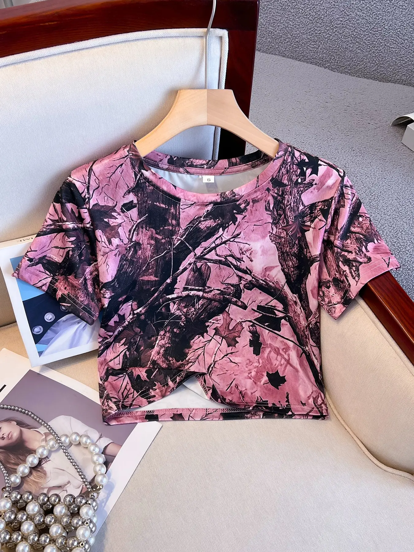 Summer Street Style Sexy Crop Top Short Sleeve, Women's Daily Camo Print Slim Fit Round Neck T-Shirt, Casual Fashion