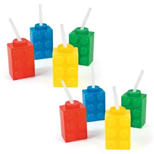 16 oz. Bulk 48 Ct. Color Brick Party Reusable BPA-Free Plastic Cups with Lids & Straws