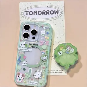 Magnetic painted checkered border four leaf clover cat phone case with magnetic bracket for iPhone 11 12 13 14 15 16 17 Pro max