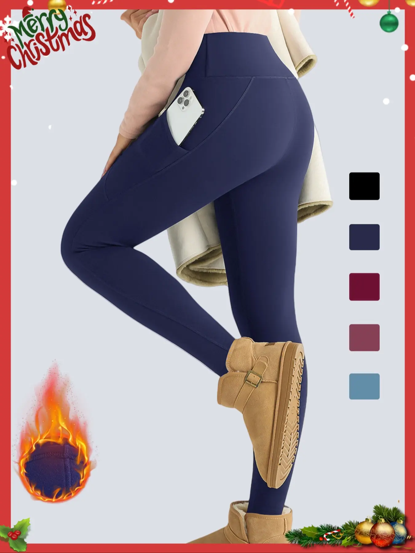 Christmas Women's Winter High Waisted Yoga Pants, Fleece Lined Warm Sporty Leggings, Deep Pocket Slim Fit Ski Base Layer, Christmas Style