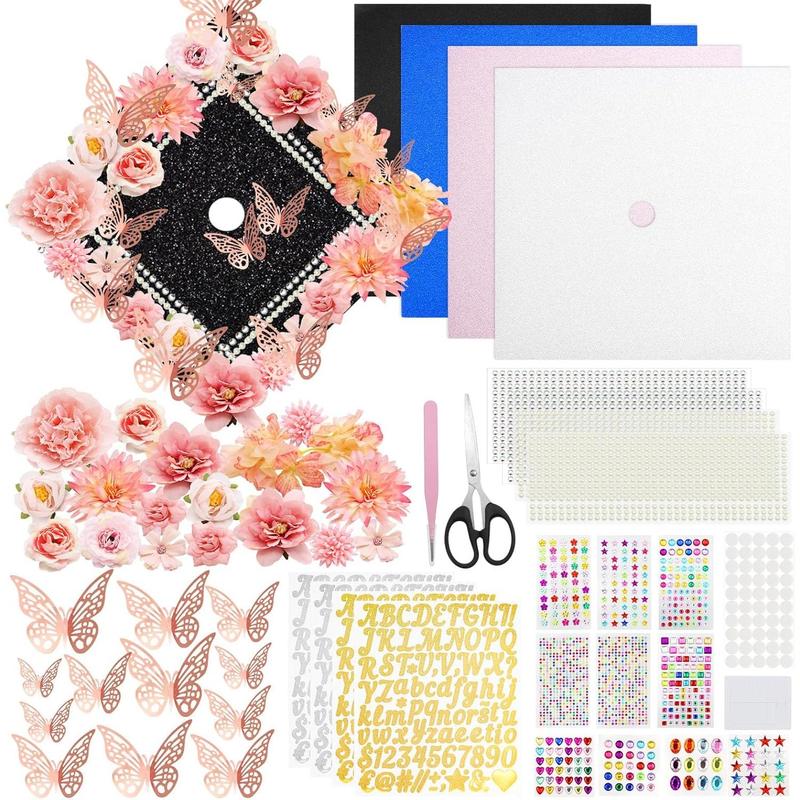 Graduation Cap Decorations Kit Grad Cap Topper Decor Includes Glitter Paper 3D Butterfly Faux Flower Letters Stickers, Cap Decorations for DIY Graduation Cap Topper (Pink)