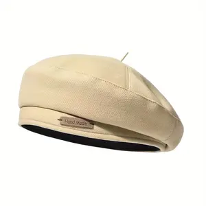 Women's Tweed Beret Hat - Black Adjustable Strap Closure, Face- Design with Decorative English Label, European-Inspired Urban Fashion for New Year & Winter Outfits, Stylish Headgear, Soft Texture