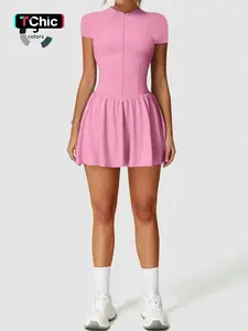 Women's Casual Sporty Dress with Waist Cinching, Full Zip Hidden Pockets, Breathable Soft Fabric, Suitable for Indoor Outdoor Sports, Tennis Sports Dress, Tennis Athletic Dress, Active Dress, Workout Dress, Workout Exercise Dress, Tennis Attire