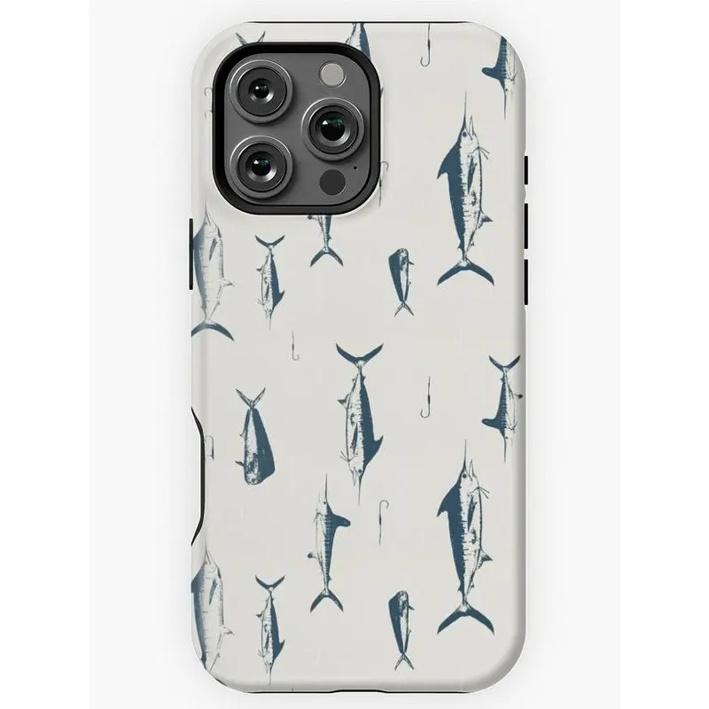 American Retro Club Cowboy Elegant Fashion Unisex Marlin & Mahi Hooks Offshore Fish Pattern Smartphone Case - Navy Blue,Natural - Party-Worthy Cellphone Casing for iPhone 17,16,15,14,13,12,11,X,Samsung & Handheld Models - Holiday Gift