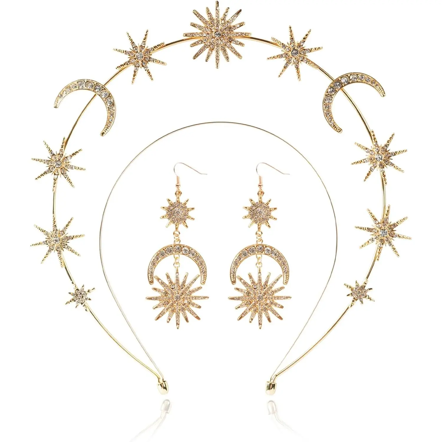 Halo Crown - Stars  Goddess HeadBand with Earrings Mary Metal Halo Headpiece Celestial Crowns Tiaras for Women Bridal Wedding Costume  Party Goddess Accessories - , Metal,