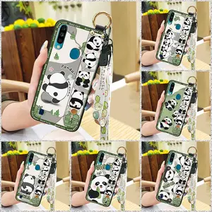 Dirt-resistant Waterproof Phone Case For ZTE Blade A7 2020 With FingerPrint Anti-dust Wristband Silicone Cute Wrist Strap Durable Soft case Cartoon Back Cover panda ring Kickstand
