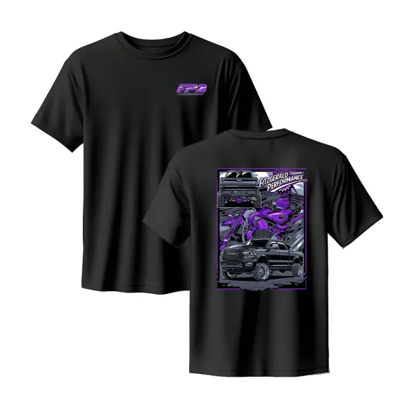 Fitzgerald Performance FP2 Truck T-Shirt – Black Graphic Tee with Purple Lifted Truck Design, Perfect for Truck Enthusiasts & Off-Road Racing Fans.