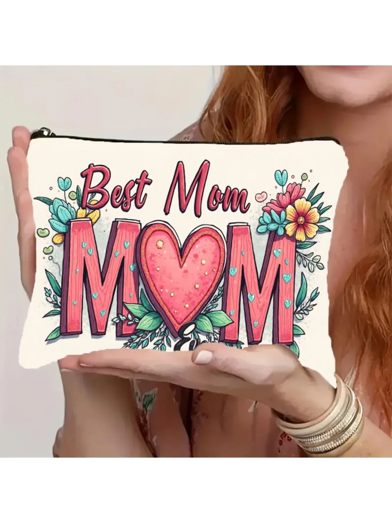 Best Mom Floral Heart Print Cosmetic Bag - Pink & Burgundy Lettering Makeup Pouch, Cute Aesthetic Gift for Women, Ideal Mother's Day or Birthday Present