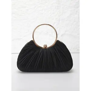 【Mother's Day】Elegant pleated satin ladies' evening clutch, round handle tote, handbag, with shoulder chain for crossbody wear, snap closure. Suitable for weddings, parties, banquets, Easter, graduation season.