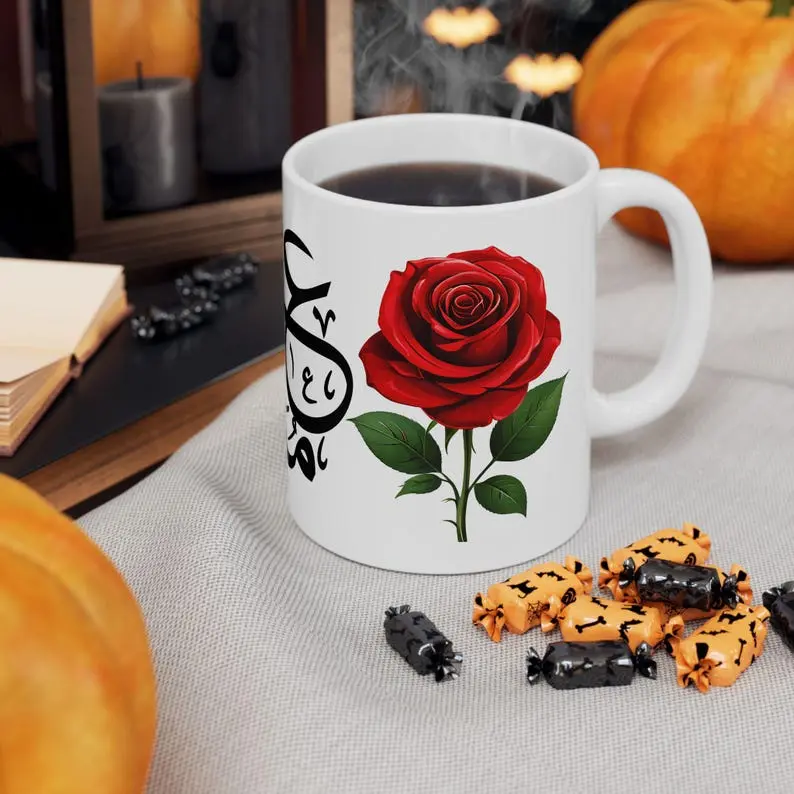 Elegant Floral Ceramic Mug, Eid Mubarak Arabic Calligraphy Cup, Islamic Gift Idea
