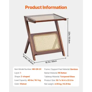 VEVOR Rattan Coffee Table, Z-Shaped Rattan Woven Bamboo Coffee Table with Tempered Glass Top, 20 Modern Boho Storage Coffee Table with Natural Bamboo Legs, for Living Room, Bedroom Small Spaces