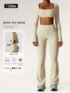 Women's Solid Square Neck Crop Top & High Waist Flare Leg Pants Set, Sporty Comfy Breathable Long Sleeve Top & Bell Bottom Trousers Two/Four-piece Outfits for Yoga Workout, Ladies' Clothes for All Seasons, Gym Wear, Sweatsuit Set