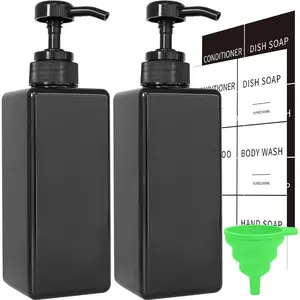 Black Soap Dispenser with Waterproof Labels, Thickened Plastic Hand Soap Dispenser for Bathroom, Kitchen Dish Washing Liquid Bottles, Shampoo and Conditioner Bottles with Funnel (16oz 2Pack Black)